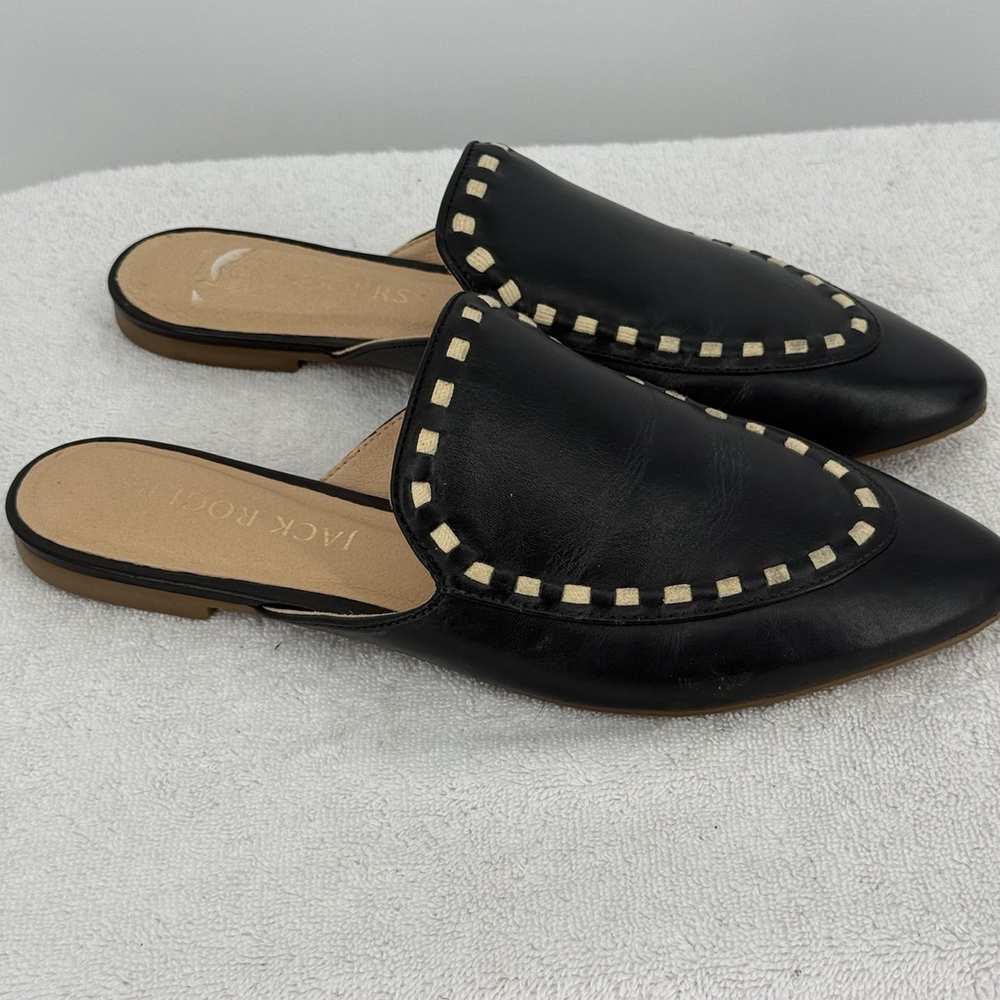 Jack Rogers Black Leather Slip-On Mules with Cream Stitching